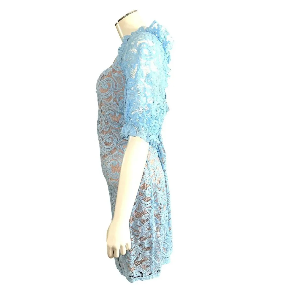 Venus 1X Sky Blue Lace Mini Dress Sheer Bodycon Fit Scalloped Sleeve Glamcore - Picture 4 of 12